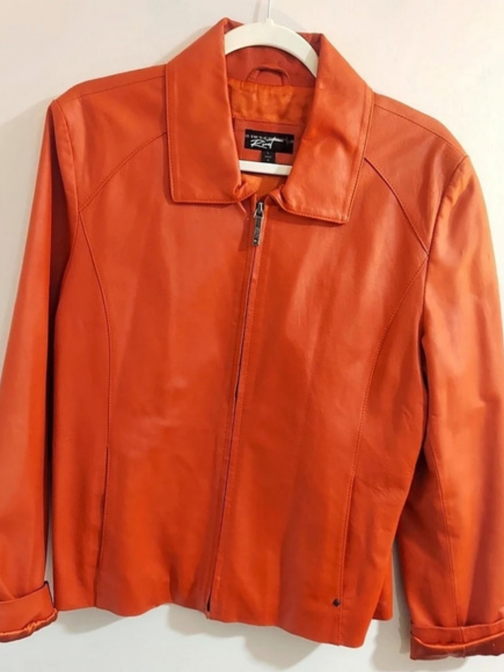 Leather Moto Jacket Orange Large Like New